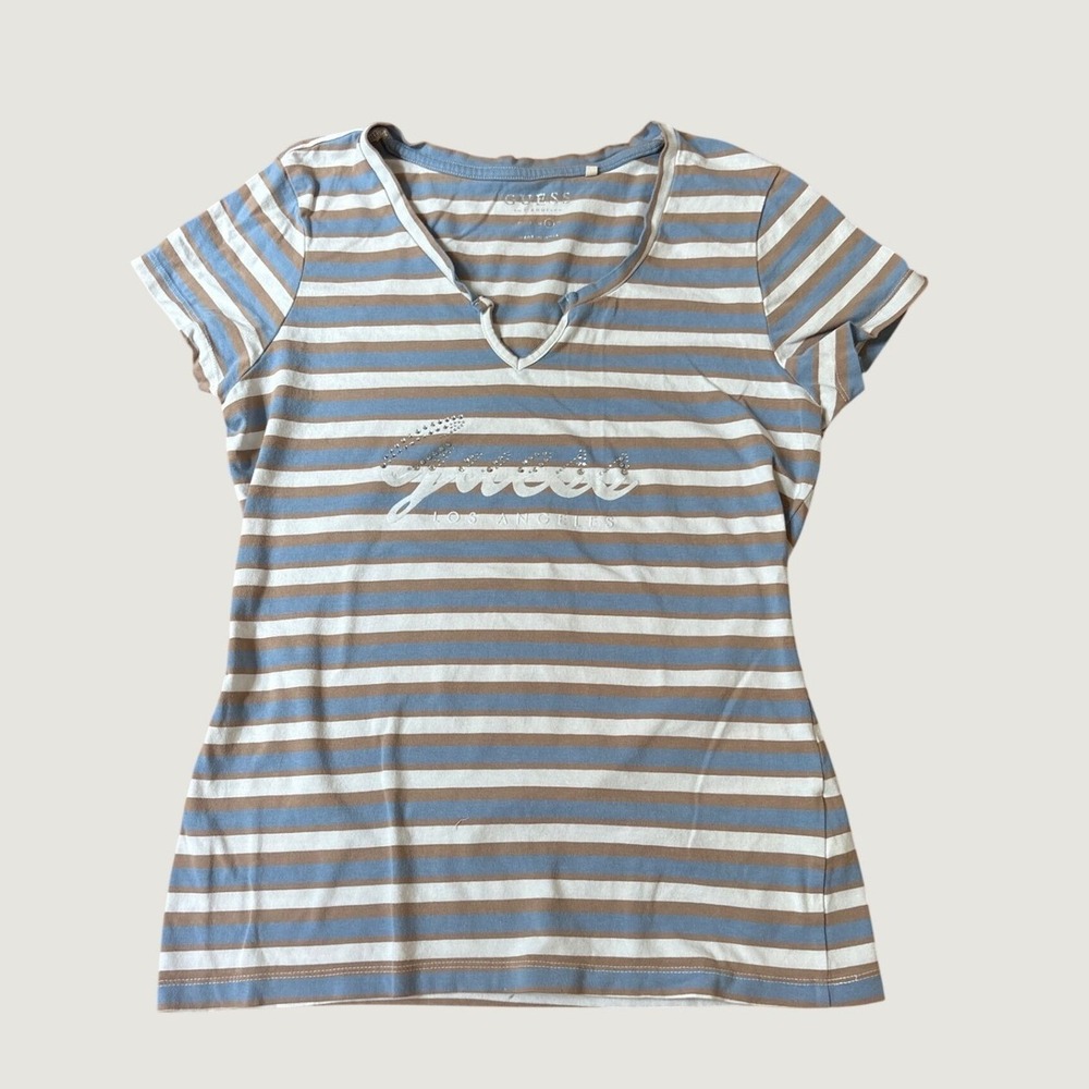 Guess T-Shirt Women Blue Tan Striped Rhinestone Logo Y2K SIZE L